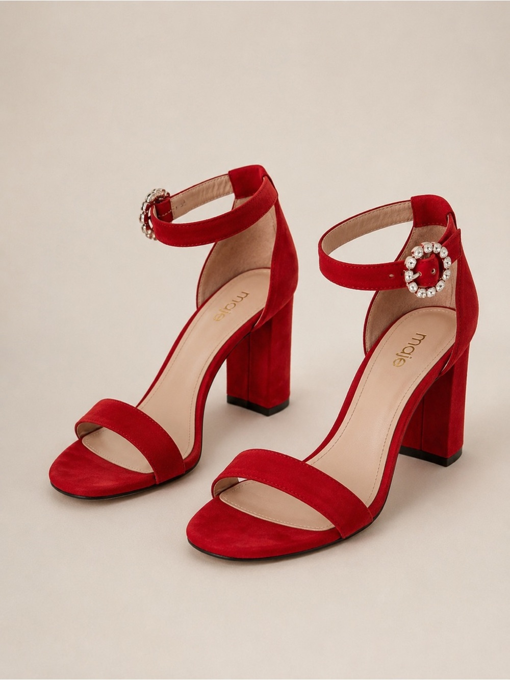 Maje Red Suede Rhinestone Buckle Block Heel Sandals Size 8.5